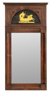 Neoclassical Verre Eglomise and Mahogany Mirror: Neoclassical reverse painted glass or verre eglomise mounted mahogany mirror, 19th century, possibly North German, vertical rectangular form with cornice, the reverse painted transom depicting a warri