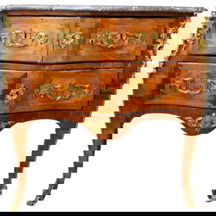 Jean-Francois Coulon French Louis XV Bombe Commode: Jean-Francois Coulon French Louis XV three-drawer bombe commode with marble top, 1750s, two fitted drawers over a single long drawer and decorative veneer work, cast ormolu handles adorn the drawers a