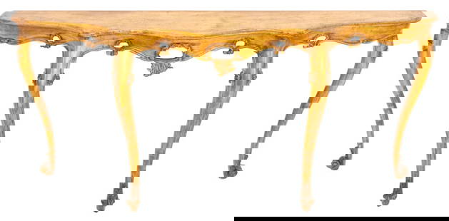 Vintage Venetian Rococo Style Giltwood Console: Vintage Venetian Rococo style gilt wood console table, circa 1960s or later, of elongated shaped form with reticulated scrolling apron on four cabriole legs. 33.5" H x 71" W x 14" D. Note: This item i
