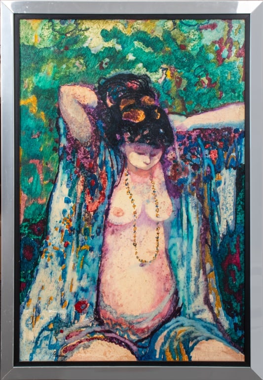 Donald Purdy "Nude Fixing Hair" Oil on Panel: Donald Roy Purdy (American, 1924-2018), "Nude Fixing Hair", Oil on Panel, signed lower left. Image: 35.75" H x 23.75" W; frame: 39.5" H x 27.5" W. Keywords: Paintings, Nude woman, Female figure, Gusta