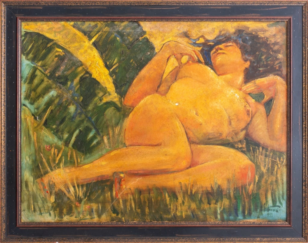 Illegibly Signed Nude Female Oil on Canvas: Oil painting on canvas depicting a nude woman lying on the grass, illegibly signed lower right, circa first half 20th century, housed in an ebonized and gilt wood frame. Image: 31.5" H x 41.5" W; fram
