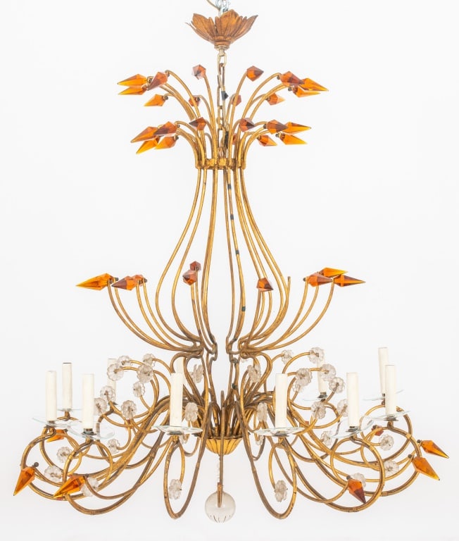 Italian Mid-Century Gilt Metal & Glass Chandelier: Italian Mid-Century Modern vintage gilt metal baluster-form twelve-light cage-form chandelier with amber glass prism mounts and clear glass floral mounts, circa 1960s or 1970s. 40" H to canopy x 36" d