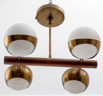 Italian Stilnovo Chandelier With Opaline Spheres: Italian Stilnovo Mid-Century Modern pendant chandelier with four opaline glass spheres on brass and black enameled metal structure, circa 1950. 12.5" H x 13" W x 13" D. Provenance: From a Forest Hills