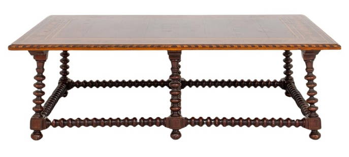 Spanish Baroque Style Parquetry Low Table, 20th C.: Spanish Baroque style low table with parquetry inlaid rectangular top above turned stretchers, made in Mexico, with label to underside, 20th Century. 20" H x 63" L x 39" D. Keywords: Spanish Baroque S