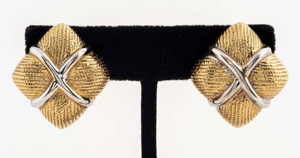 14K Yellow & White Gold "X" Square Earrings: 14K yellow and white gold "X" square earrings with textured design top and omega clip backs, marked "G14K." 1.125" L x 1.062" W. Approx: 5.7 dwt.