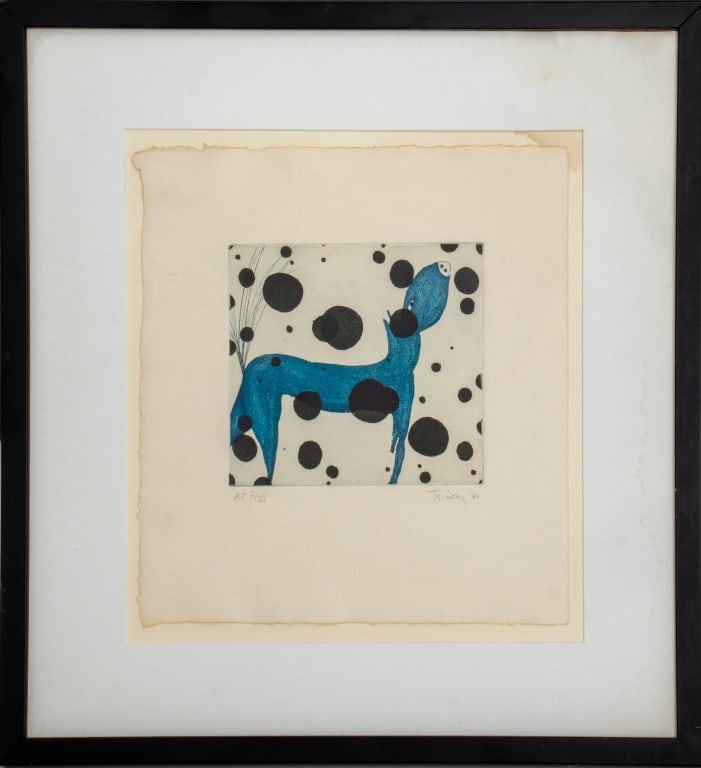 Philip Tsiaras Blue Donkey Artist's Proof Etching: Philip Tsiaras (American, b. 1952) etching in colors, 1985, depicting a Surrealist composition with a blue donkey amongst dots, pencil signed and dated lower right, marked "A.P. I/III" lower right for