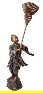 Japanese Bronze Figure of Attendant w/ Chamara: Japanese large bronze sculpture in two parts depicting an attendant standing atop a rocky base and holding a chamara fly-whisk or -swish used to sweep ignorance and fan deities, the figure's face, han