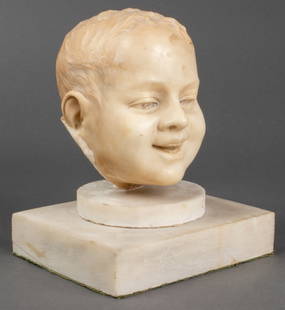 Carved Marble Fragment of A Young Boy: Carved marble sculpture fragment from a bust of a young boy, 20th century, his face depicted with a happy smile, unsigned, with associated white marble base. Bust: 7.75" H x 6" W x 6.5" D, base 6.25"