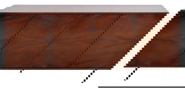 Mid-Century Modern Style Credenza Cabinet: Herman Miller Style credenza sideboard cabinet, in wood tone with four cabinet doors on steel feet. 30" H x 71" W x 18" D. Note: This item is only available for preview at our Astoria warehouse, locat