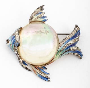 Corocraft Sterling Iridescent Jelly Belly Fish Pin: Vintage Corocraft sterling silver iridescent jelly belly brooch in the form of a fish with blue enamel and mounted with colorless rhinestones (one lacking), marked "Sterling / Corocraft" to reverse. 2