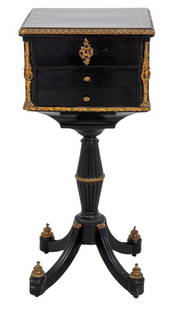 Napoleon III Brass Inlaid Ebonized Table a Ouvrage: Napoleon III brass-inlaid ebonized table a ouvrage, circa 1870s. 34" H x 11" W x 11" D. Keywords: Antique, Third Empire Furniture, Table a Ouvrage, Work table, Sewing table, Side table, Lamp table, Oc