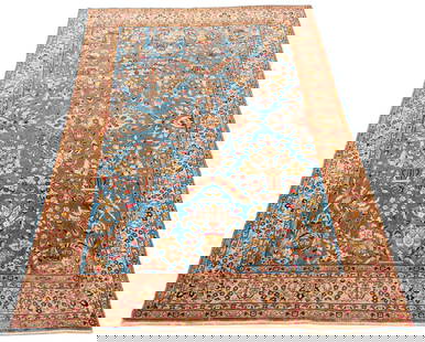 Persian Rug, 10' x 6': Persian carpet with central pictorial design on blue ground. 10' 4" L x 6' 7" W.