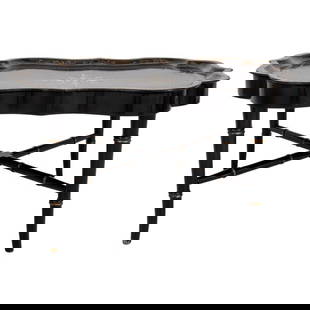 Victorian Chinoiserie Papier Mache Tray Table: Victorian chinoiserie lacquered and abalone inlaid papier-mache tray table, with scalloped edges inlaid with shell fragments, the tray lacquered black with gilt decoration to surface and rim, the tray