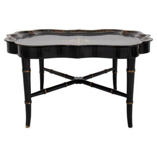 Victorian Chinoiserie Papier Mache Tray Table: Victorian chinoiserie lacquered and abalone inlaid papier-mache tray table, with scalloped edges inlaid with shell fragments, the tray lacquered black with gilt decoration to surface and rim, the tray