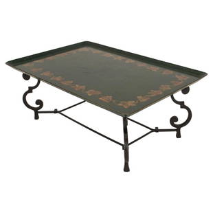 Maison Ramsay Manner Wrought Iron Tray Table: Maison Ramsay manner wrought iron tray table, with a rectangular tray-form top lacquered green with gilt work decoration in the manner of tole peinte, above chamfered corners above scroll supports con