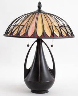 Arts & Crafts Manner Glass Table Lamp: Arts and Crafts Manner / Mission Style table lamp with bronze finish and stained glass shades, label to underside and beneath light bulb fittings. 21.5" H x 16.25" diameter.