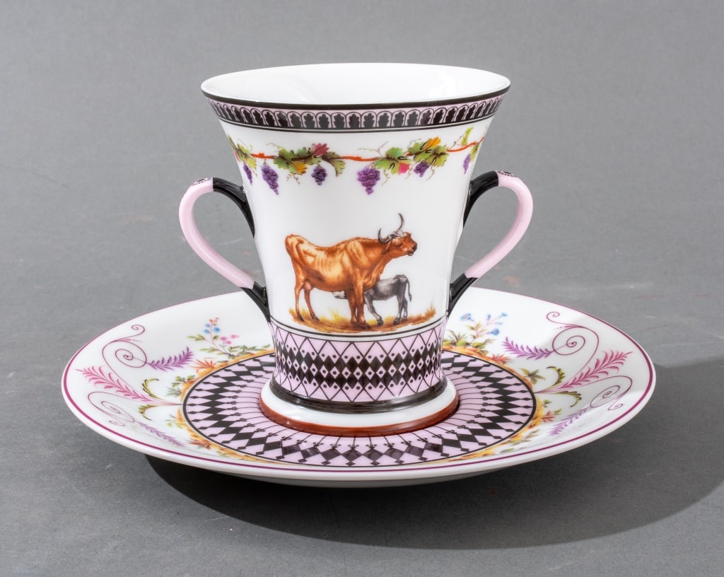 Sevres Style Rambouillet Porcelain Cup & Saucer: Ancienne Manufacture Royale de Limoges French polychrome porcelain cup and saucer after "Laiterie de Rambouillet" service created by Sevres in 1787 for Queen Marie-Antoinette, each marked to underside