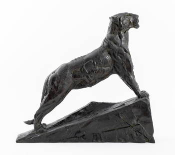 Dylan Lewis "Lioness Standing..." Bronze Sculpture: Dylan Lewis (South African, b. 1964), "Lioness Standing On Sloped Base, Maquette", Bronze Sculpture, signed, numbered edition 9 of 15, and struck "5220" to rear, label to underside. 23.5" H x 25" W x