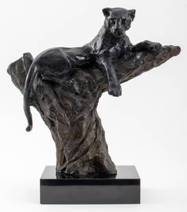 LeRoy Neiman "Vigilant" Bronze Sculpture, 1987: LeRoy Neiman (American, 1921-2012), "Vigilant", Patinated Bronze Sculpture, 1987, signed to reverse and numbered edition 283 of 350. 16" H x 15" W x 6" D. Keywords: Animalier, Panther, Leopard,