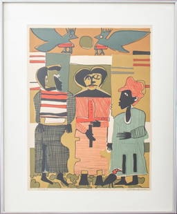 Romare Bearden "Firebirds" Color Lithograph, 1979: Romare Bearden (American, 1911-1988), "Firebirds", Lithograph in Colors, 1979, signed in pencil lower right and numbered edition 57 of 300 lower left, Poster Originals, Limited label to verso. Image: