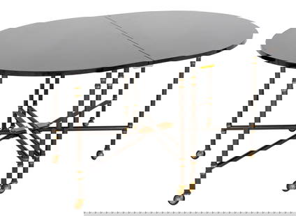 Maison Jansen Table Royale Lacquer Extending Table: Maison Jansen "Table Royale" Model Ebonized Faux Bamboo Oval Extending Dining Table, with black lacquered top and one extending leaf above steel and ormolu framework and legs on casters, signed