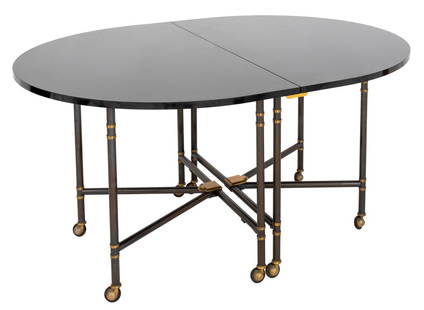 Maison Jansen Table Royale Lacquer Extending Table: Maison Jansen "Table Royale" Model Ebonized Faux Bamboo Oval Extending Dining Table, with black lacquered top and one extending leaf above steel and ormolu framework and legs on casters, signed "Sheph