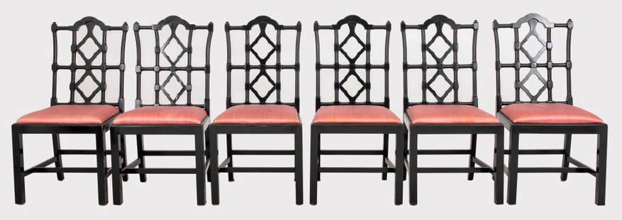 Maison Jansen Black Lacquered Dinning Chairs, 6: Maison Jansen Black Lacquered Side Chairs, set of six, each with ebonized fretwork backs and straight legs with raspberry pink drop in seats, 38.5" H x 19.5" W x 19" D; seat: 17.5" H. Provenance: