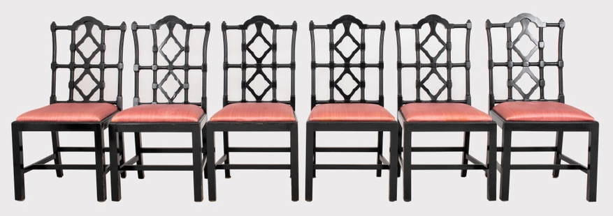 Maison Jansen Black Lacquered Dinning Chairs, 6: Maison Jansen Black Lacquered Side Chairs, set of six, each with ebonized fretwork backs and straight legs with raspberry pink drop in seats, 38.5" H x 19.5" W x 19" D; seat: 17.5" H. Provenance: