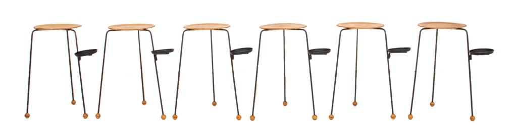 Tony Paul Attr. "Tempo" Stacking Side Tables, 6: Tony Paul (American, 1918-2010) Attributed Mid-Century Modern "Tempo" Stacking Side Tables with Original Drink Stands, wood tops on three black painted metal legs terminating in wooden ball feet, set