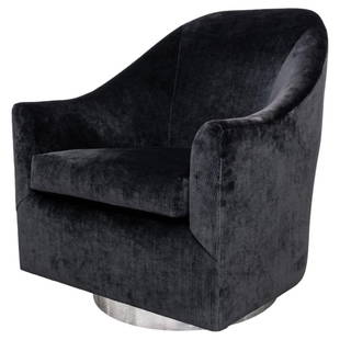 Mason Art Custom Baughman Style Swivel Armchair: Mason Art Custom-Made Arm Chair with swoop back and black velvet upholstery upon a silver-tone metal swivel base, in the manner of Milo Baughman (American, 1923-2003), label beneath cushion. 33" H x