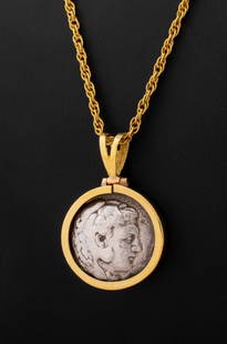 18K Pendant Necklace Alexander Silver Tetradrachm: 18K Yellow Gold Cable Rope Chain with Detachable 18K Yellow Gold Pendant Framing an Alexander the Great Tetradrachm Coin, likely ancient, obverse: Beardless Herakles wearing Nemean Lion; reverse: