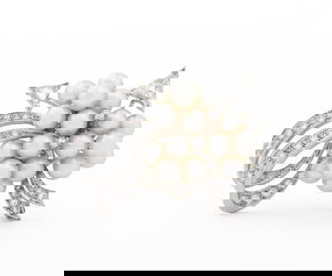 Platinum Diamond Pearl Brooch Pendant: Platinum Diamond Pearl Brooch Pendant, featuring 2 trilliant cut diamonds weighing a total of approx. 1.00 carat, further adorned with 40 round brilliant cut diamonds weighing a total of approx. 1.50