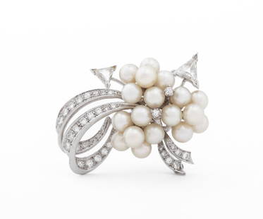 Platinum Diamond Pearl Brooch Pendant: Platinum Diamond Pearl Brooch Pendant, featuring 2 trilliant cut diamonds weighing a total of approx. 1.00 carat, further adorned with 40 round brilliant cut diamonds weighing a total of approx. 1.50