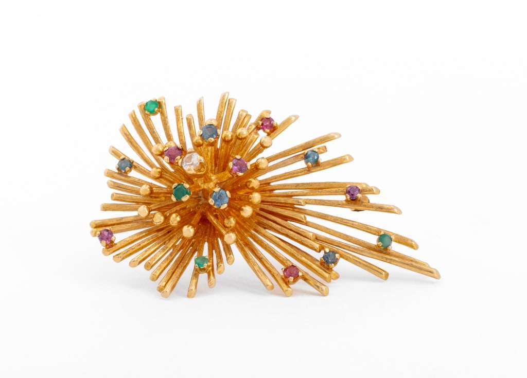 14K Yellow Gold Diamond Multi-Gemstone Brooch (1 of 6)