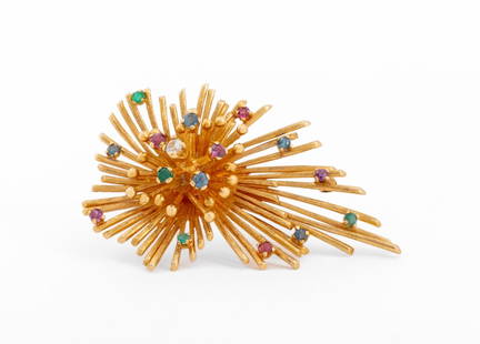 14K Yellow Gold Diamond Multi-Gemstone Brooch: 14K Yellow Gold Diamond Multi-Gemstone Brooch Pin, featuring 16 round faceted gemstones including topaz, quartz, sapphire, ruby, and emerald, weighing a combined total of approx. 0.75 carat, worn thro