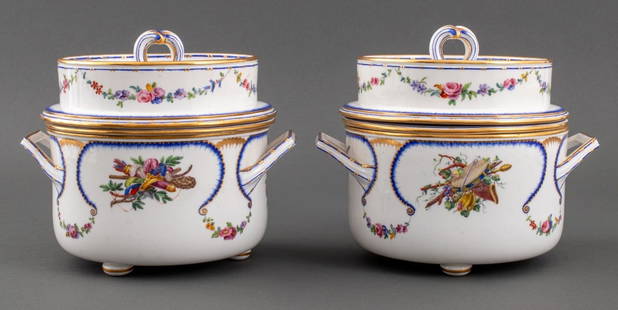 Vincennes Sevres Feuille-de-Choux Ice Pails, 2: Pair of Vincennes Sevres Porcelain "Feuille de Choux" Ice Pails, mid-18th century, each with blue underglaze interlaced L marks and no date marks, one with painter's marks "LF" possibly for Foinet (cf