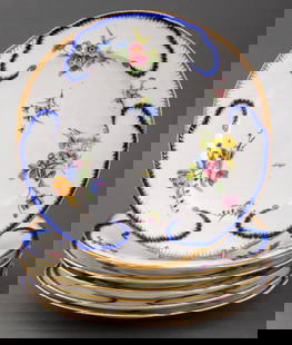 Sevres Porcelain "Feuille-de-Choux" Plates, 6: Assembled Set of Six Sevres Porcelain "Feuille-de-Choux" Dinner Plates, variously marked: all with interlaced L marks, various painters, various dates, one marked in black underglaze with date mark fo