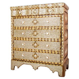 Syrian Mother Of Pearl Marble Top Drawer Chest: Syrian Abalone Inlaid Five Drawer Chest, early 20th century, with Carrara marble top. 52" H x 45" W x 22" D. Keywords: Antique, Furniture, Dresser