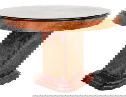 Art Deco Extending Pedestal Dining Table, 1920s: Art Deco Elm Burlwood Extending Pedestal Dining Table, the oval top with molded parcel ebonized edges above an extending mechanism with one leaf, over a square pedestal on rounded stepped plinth base.