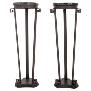 Bronzed Metal Standing Gueridon Tables, Pair: Bronzed Metal Standing Portoro Nero Marble-Topped Gueridon Tables, Pair. 40" H x 15" DiameterKeywords: Neoclassical, Gueridon, Pedestals, Tall Tables, Stands