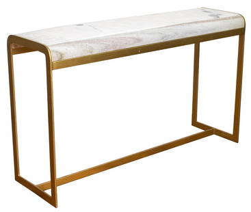 Modern Marble Top Console Table: Modern Marble Top Console Table with Brass Structural Base in Postmodern Taste. 32" H x 53.5" W x 16" D. Keywords: Design, Mid-Century Modern Style.