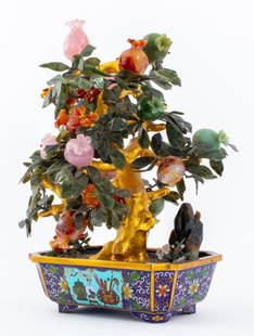 Chinese Hardstone Gilt Tree in Cloisonne Pot: Chinese Hardstone Gilt Tree in Cloisonne Enamel Jardiniere, carnelian fire agate and pink rock crystal rose quartz pomegranates. Overall: 21.75" H x 17.5" W x 11.5" D. Keywords: Bonsai tree, Spinach j