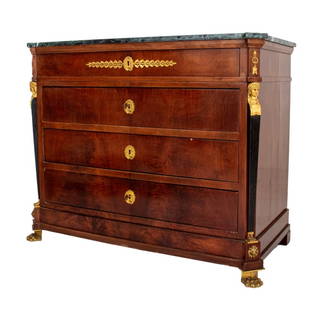 Empire Revival Ormolu Mounted Mahogany Commode: French Empire Revival "Retour d'Egypte" Ormolu Mounted Mahogany Four Drawer Commode, circa 1910 or later, in the manner of Bernard Molitor (French, 1755-1833), with green Breccia marble canted rectang