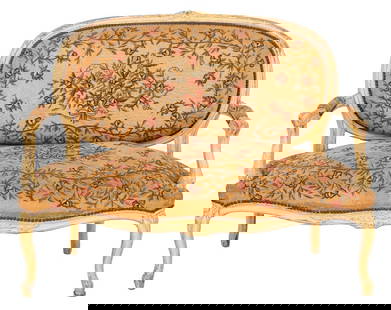 Louis XV Revival Pale Yellow Decorated Sofa, 19 C.: Louis XV Revival Pale Yellow Painted Canape, circa 19th century, upholstered in floral needlework. 37" H x 48" W x 26" D; seat: 17" H.Keywords: French, Furniture, Antique, Seating, Needlepoint upholst