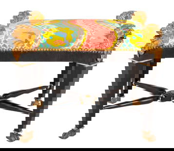 Italian Empire Parcel Gilt & Ebonized Bench: Italian Empire Parcel Gilded and Ebonized Bench, possibly Rome, circa 1815-1820, with four lion-headed and footed monopodia conjoined by incurved seat rails above and turned x-form stretchers below, t