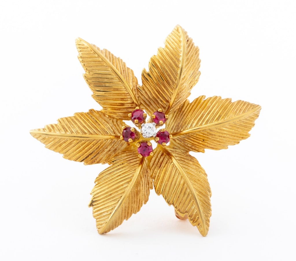 Tiffany & Co. 18K Ruby & Diamond Floral Pin (1 of 6)