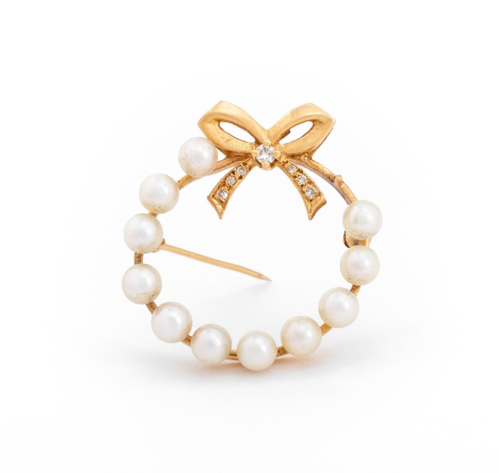 14K Yellow Gold Pearl Diamond Circle Pin (1 of 5)