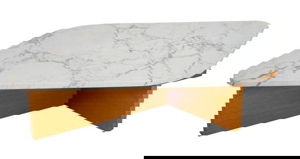 Modernist X Frame Marble Top Low Table, 20th C.: Modernist X-Frame White Marble Topped Wood Low Table, 20th century. 14" H x 61" L x 37" D.Keywords: Modernism, Coffee, Cocktail, Vladimir Kagan style, Furniture. Note: This item is only available for
