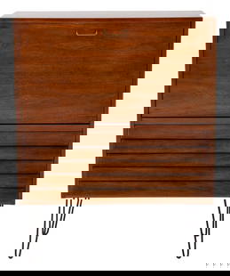 Mid-Century Modern Drop Front Desk Cabinet: American of Martinsville Mid-Century Modern Drop Front Walnut Desk Cabinet, circa 1950s, branded mark in drawer, on hairpin legs. 47" H x 36" W x 15" D.Keywords: MCM, Mid-Century Modern, Furniture. No