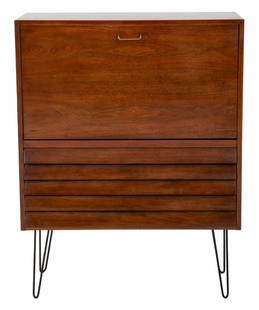 Mid-Century Modern Drop Front Desk Cabinet: American of Martinsville Mid-Century Modern Drop Front Walnut Desk Cabinet, circa 1950s, branded mark in drawer, on hairpin legs. 47" H x 36" W x 15" D.Keywords: MCM, Mid-Century Modern, Furniture. No